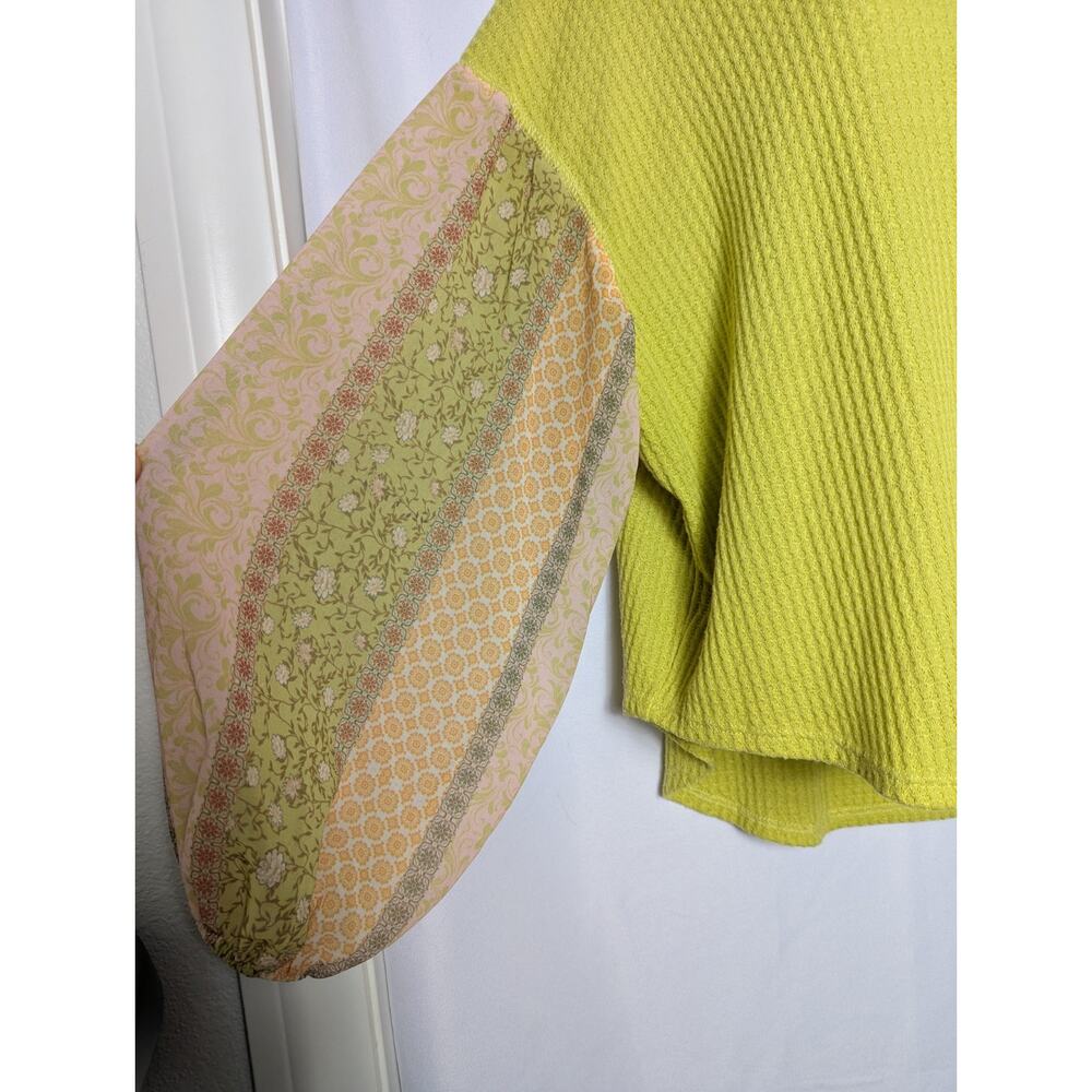 Blu Pepper Pea Green Waffle Knit Sheer Pattern Balloon Sleeve Lagenlook Blouse S - Picture 3 of 6